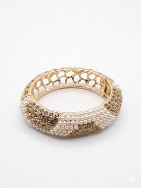 Gold Pearl & Crystal Accent Hinged Bangle Bracelet